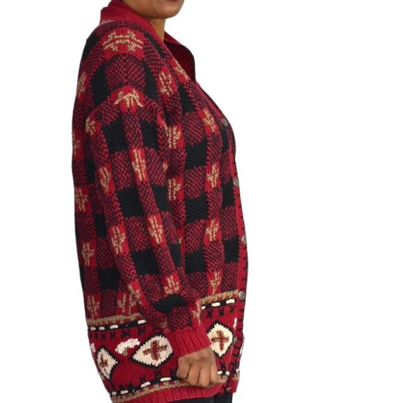 Vintage Northern Isles Cardigan Red Sweater Hand Knit Chunky Handknit Medium - Picture 12 of 13